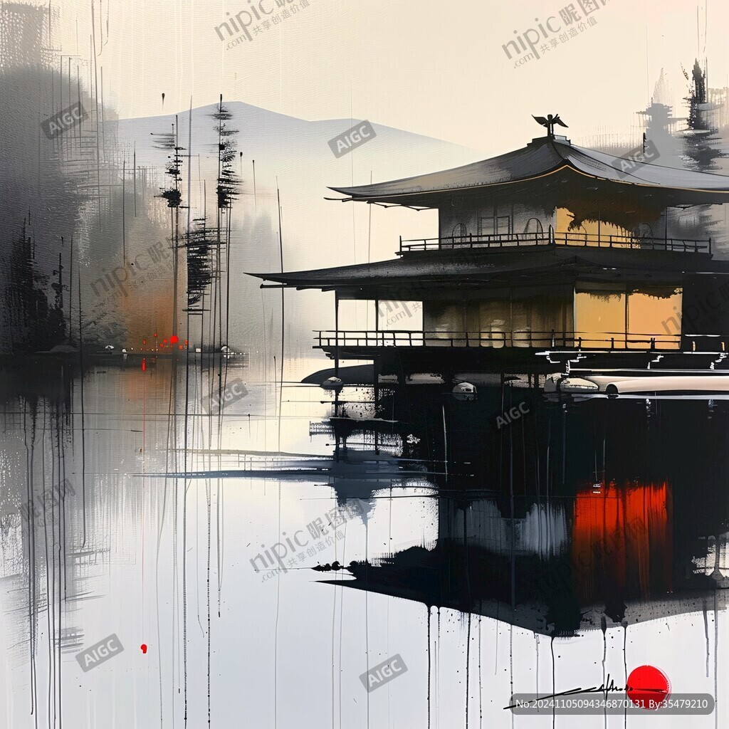 禅意建筑水墨画