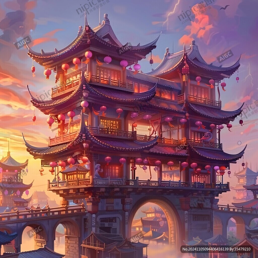 古风国潮楼阁仙境图