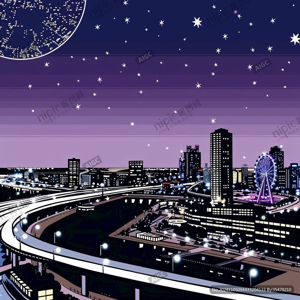 城市夜空唯美手绘