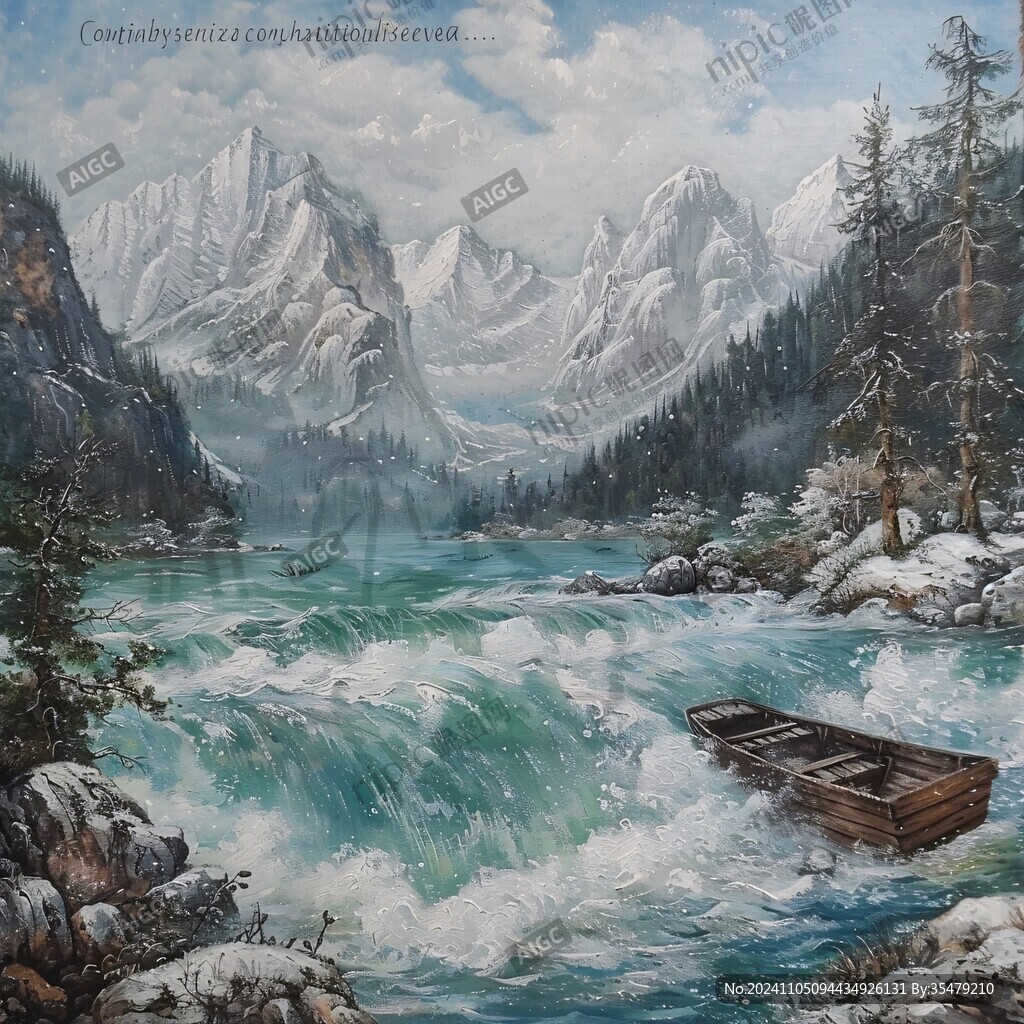 雪山河流油画