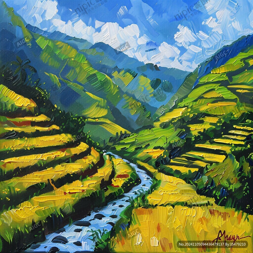梯田水粉画