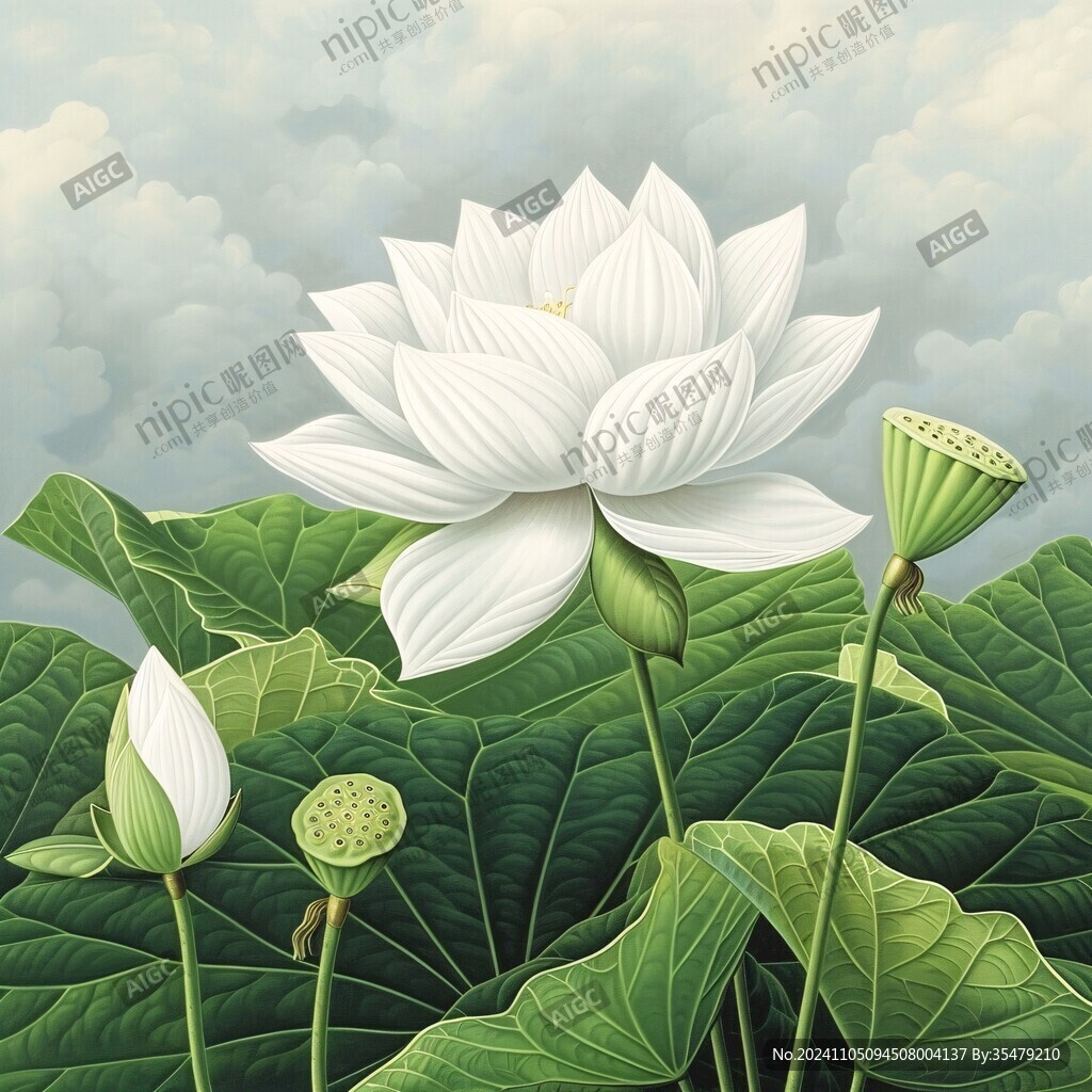 白色荷花壁画