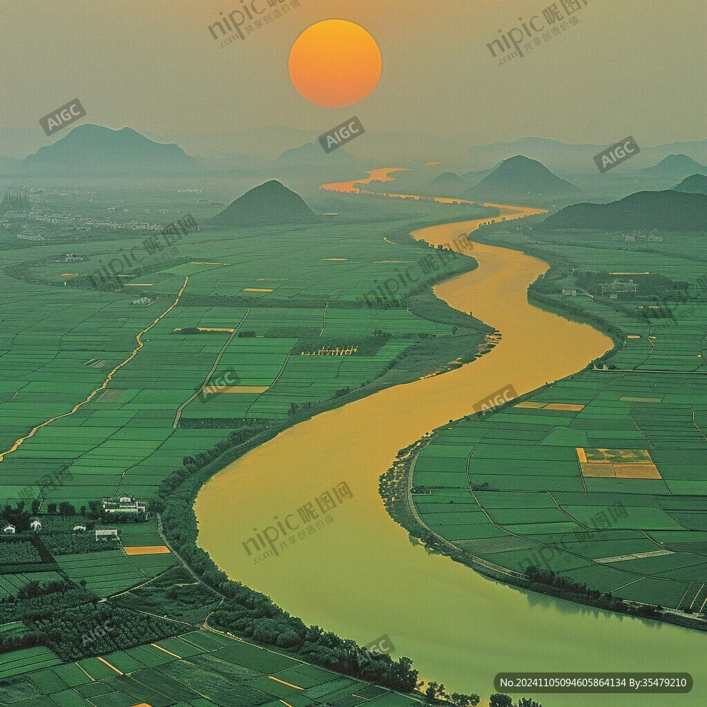 航拍夕阳下淮河