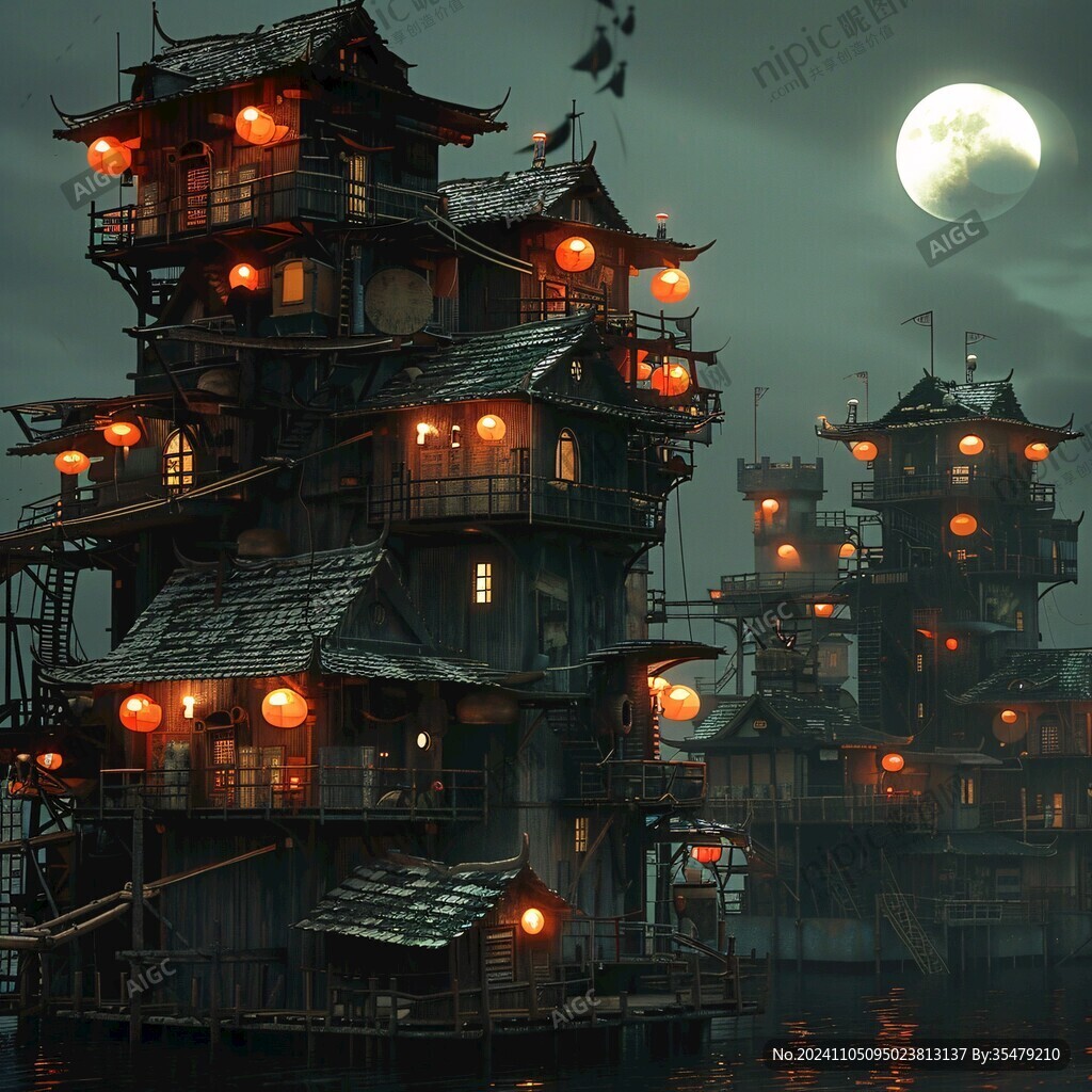 玄幻古镇夜景
