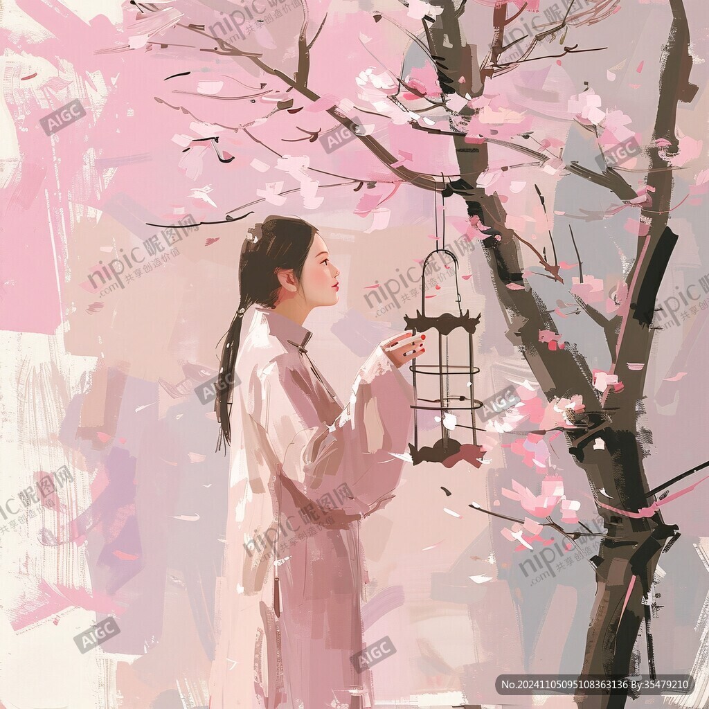 春日樱花树下的少女
