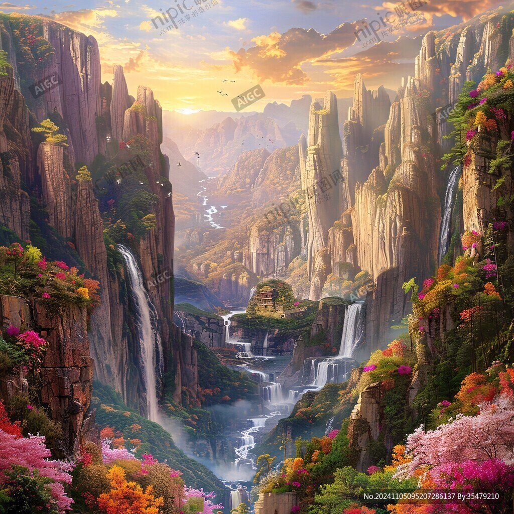 山水风景油画瀑布