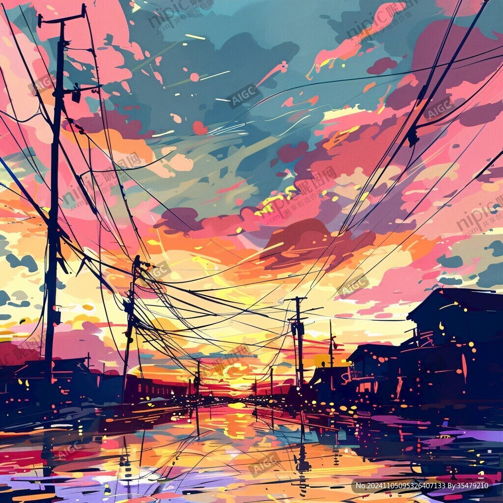 日落街道插画