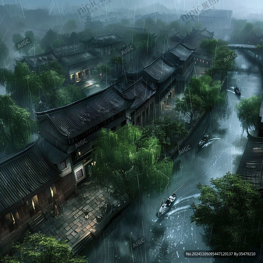 中式古代建筑雨景