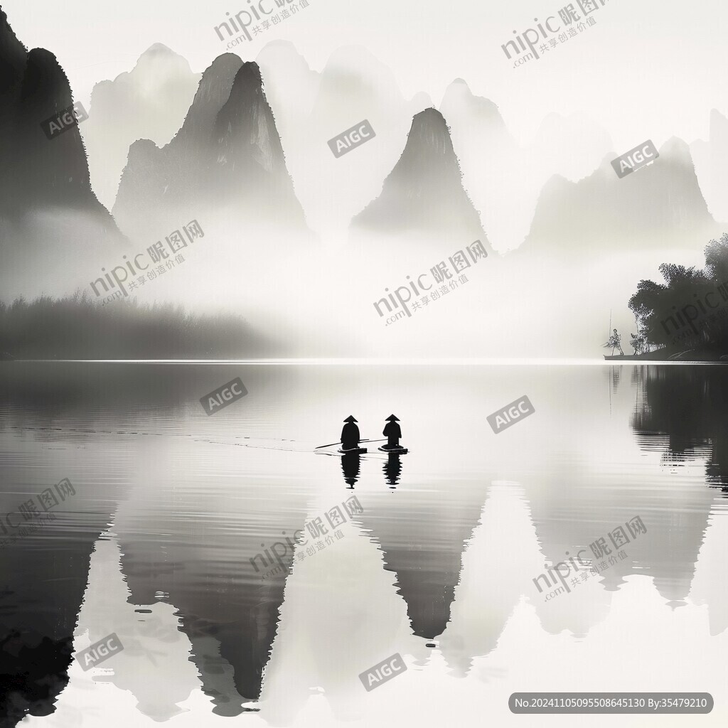 水墨山水倒影禅境