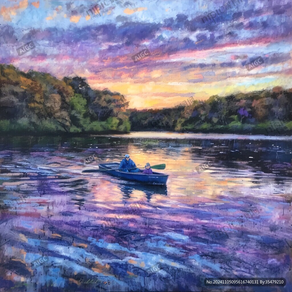 湖面晚霞油画