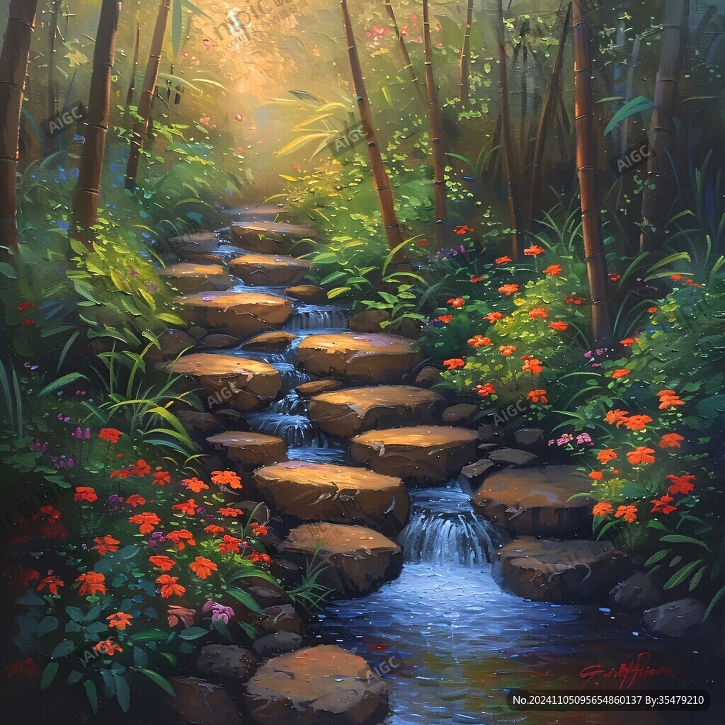 森林小溪油画