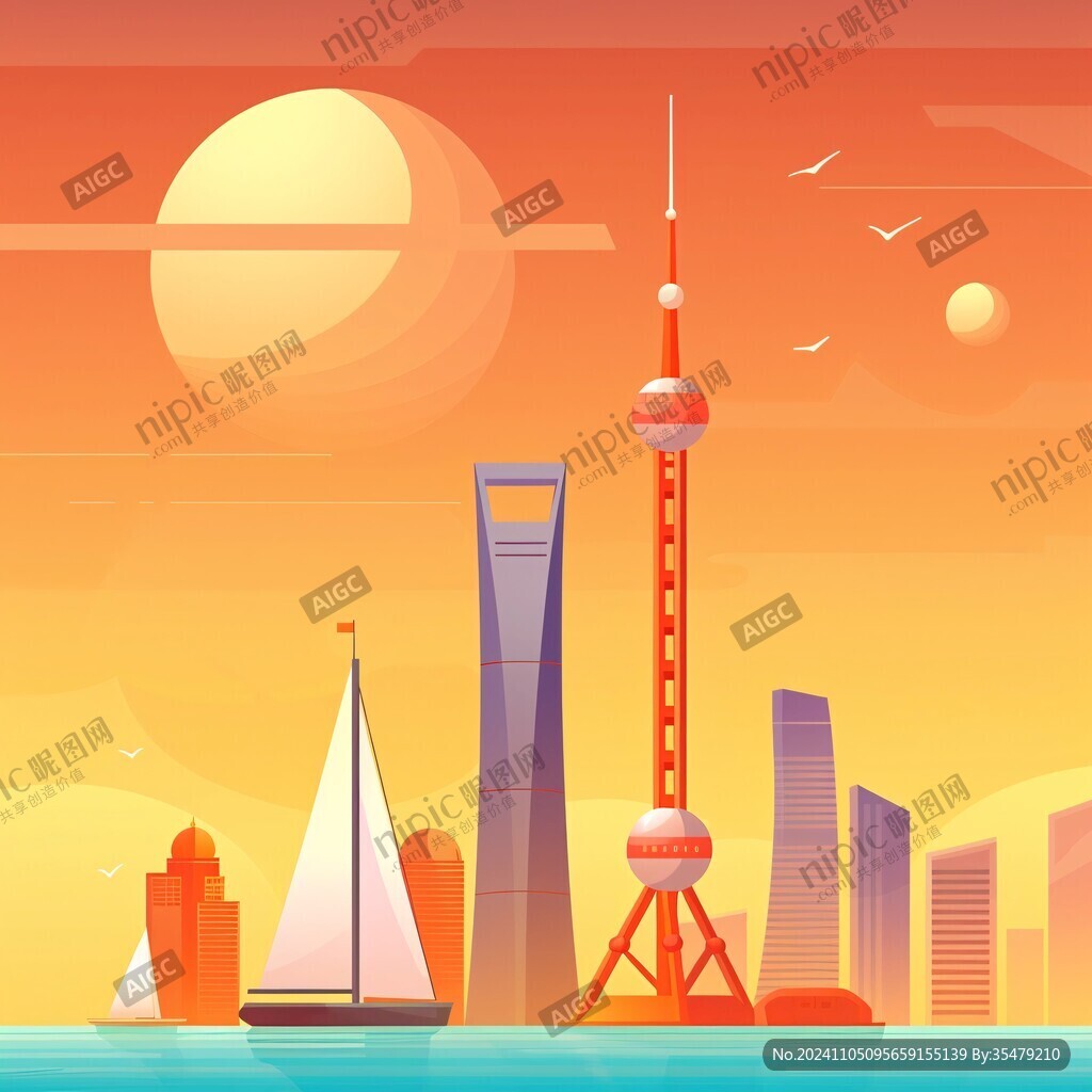 东方明珠禅风建筑插画