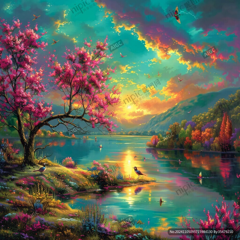 桃花风景油画