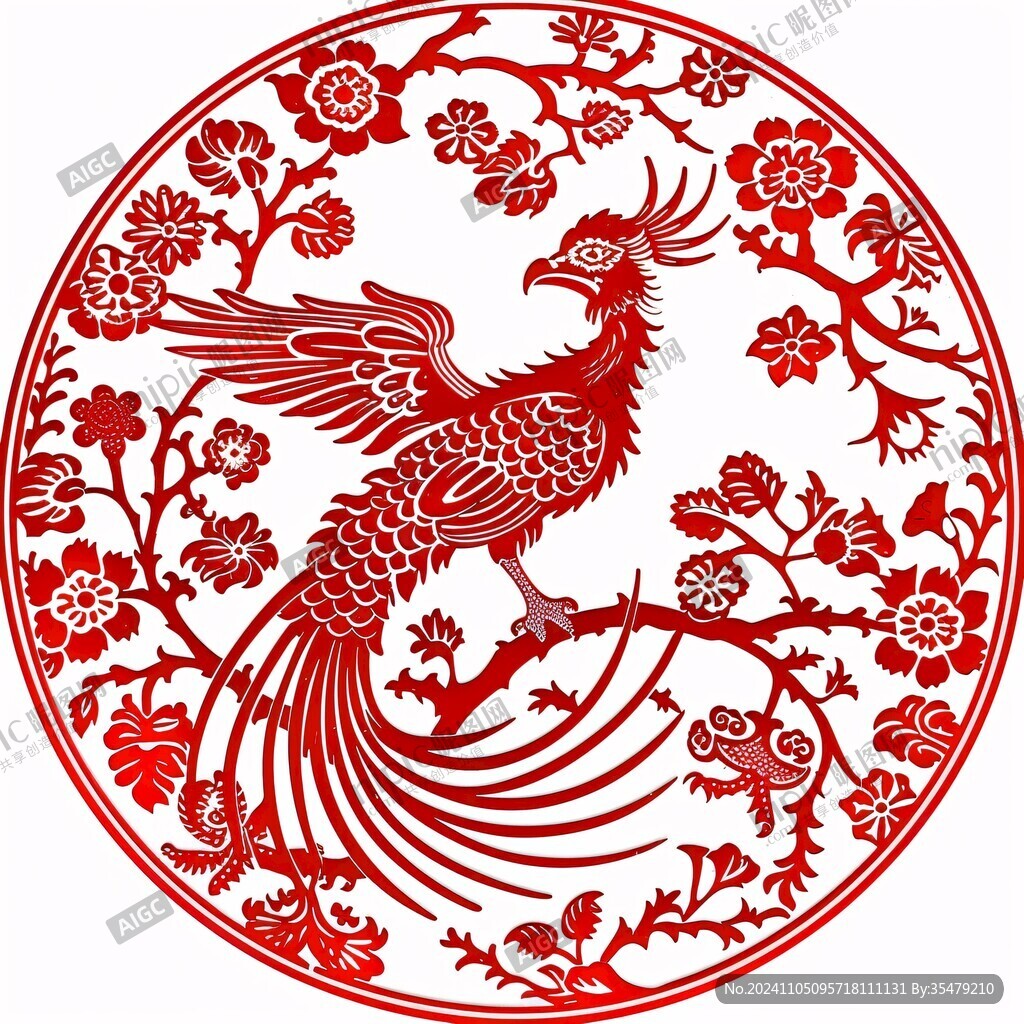 圆形复古凤凰花纹