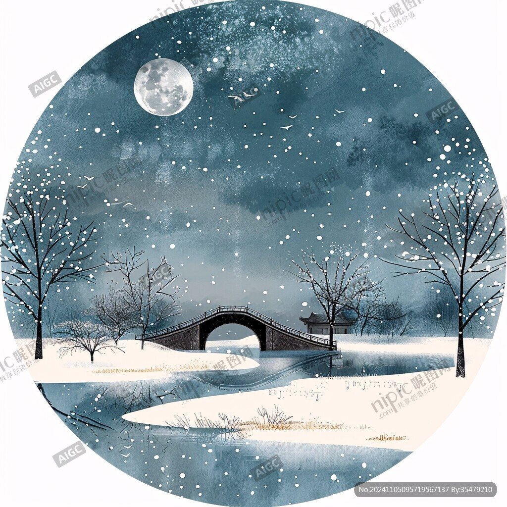 手绘雪夜风景无框画