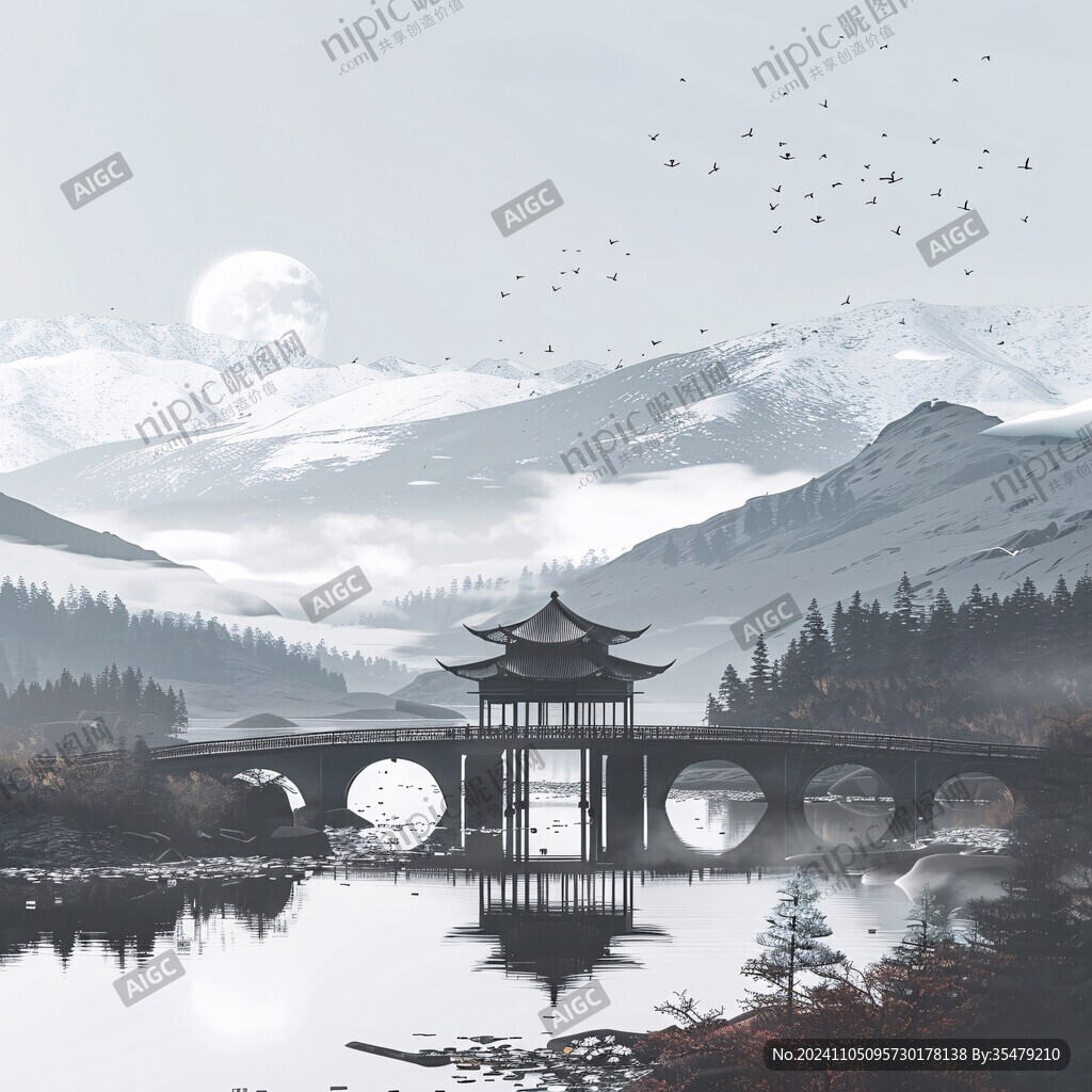 廊桥中国风山水意境