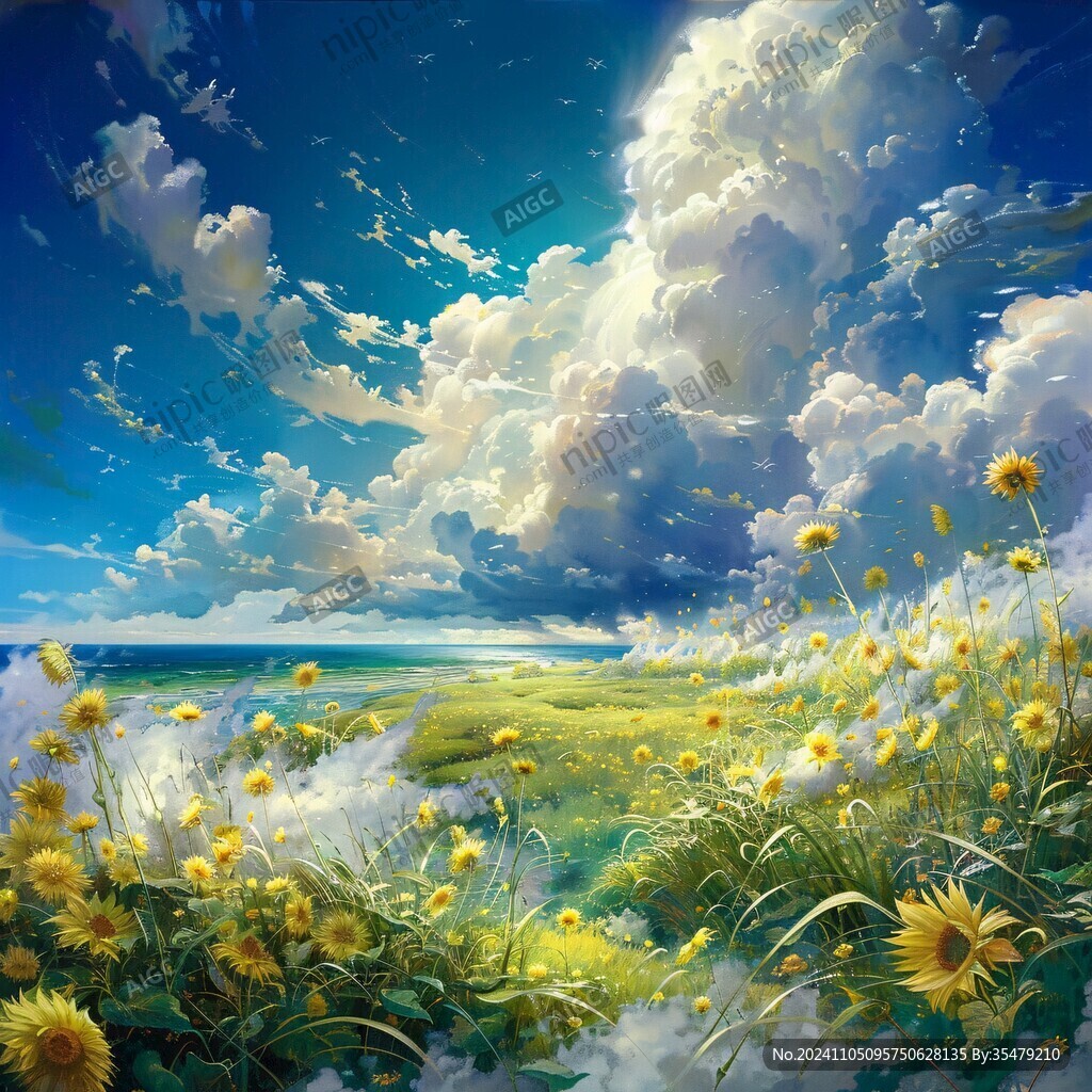蓝天白云鲜花油画
