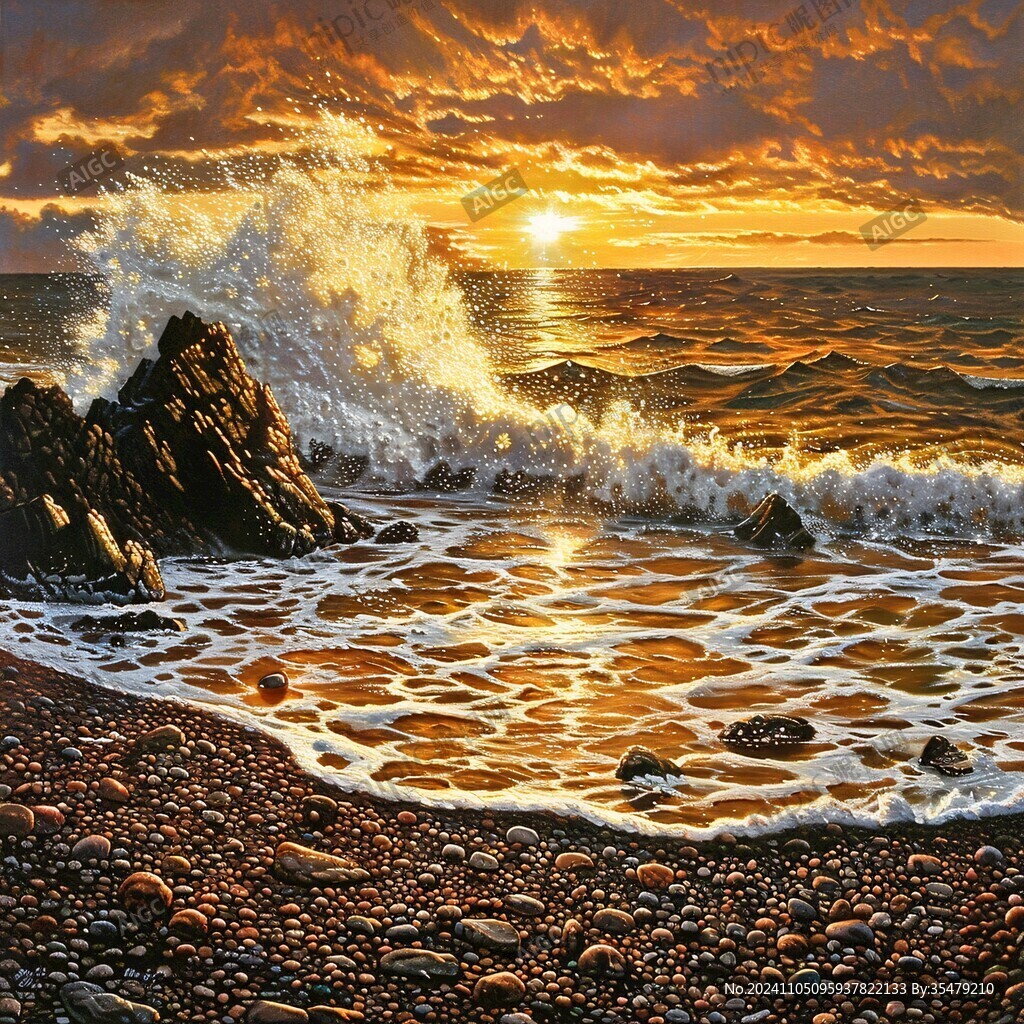 夕阳浪石