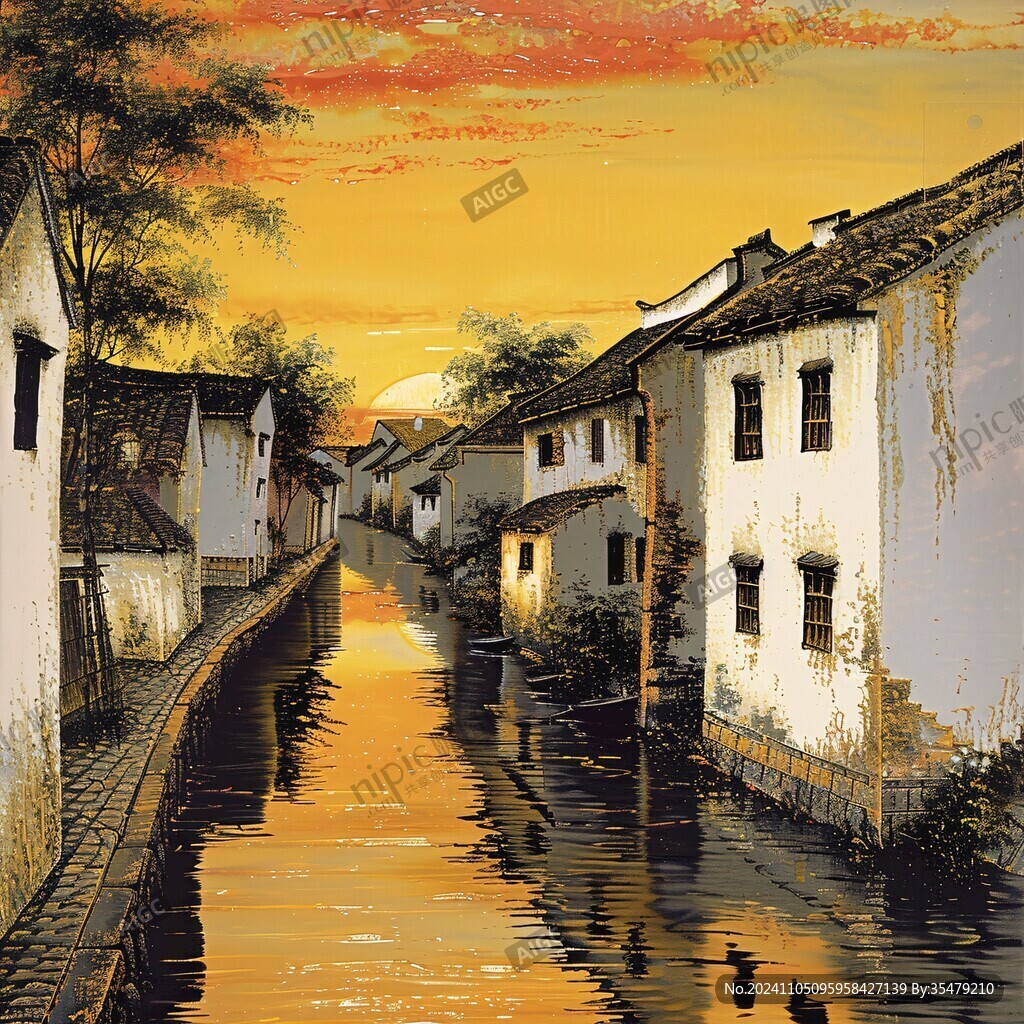 江南古镇油画效果