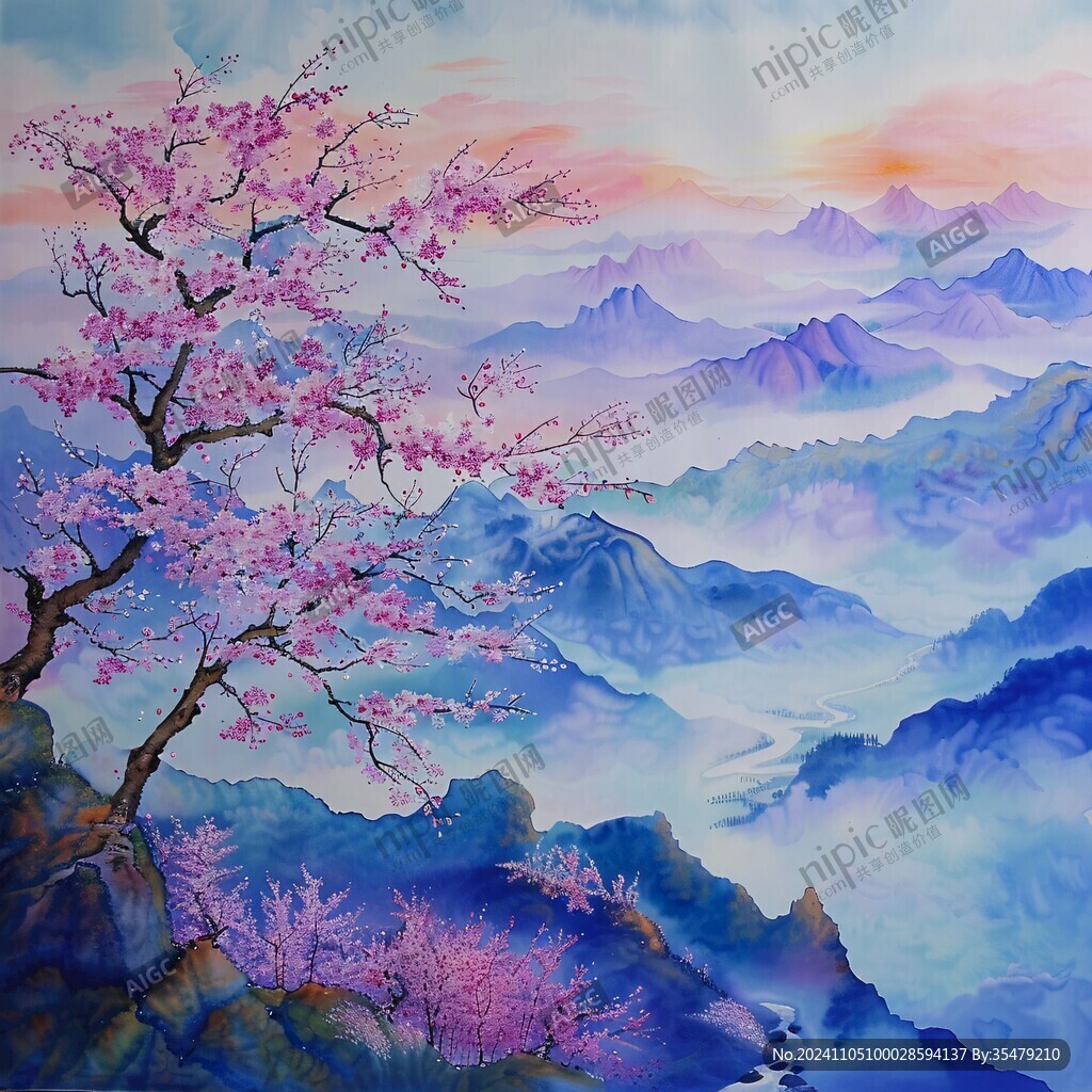 山峰山水画油画梅花鹿