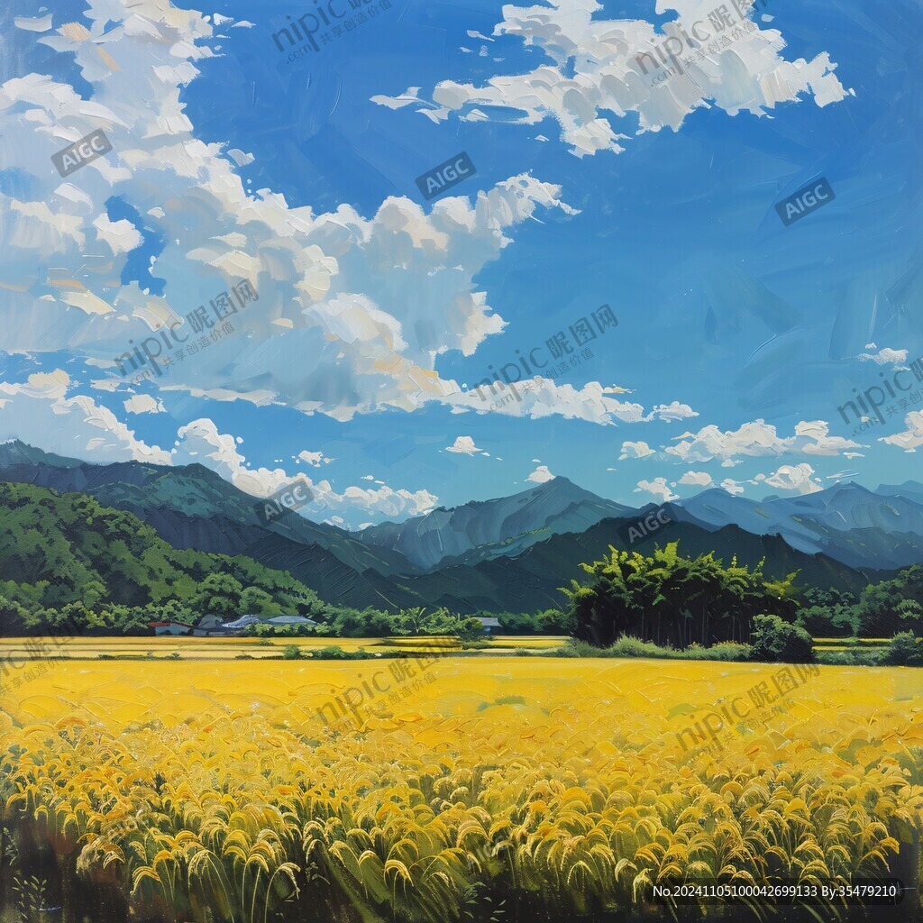 蓝天白云油菜花油画