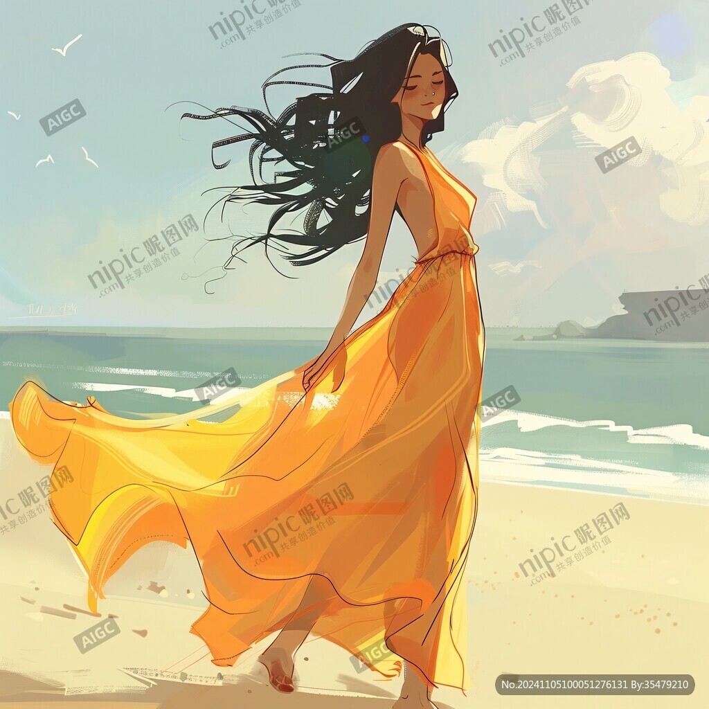 海边少女插画