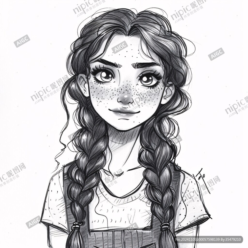 插画头像长辫子女孩
