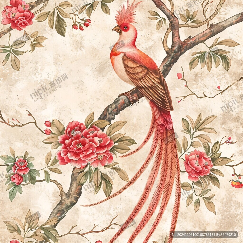 新中式手绘红色花鸟