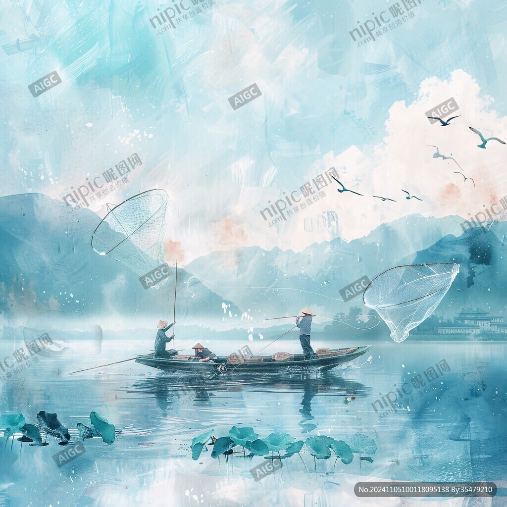 水墨渔夫垂钓水乡