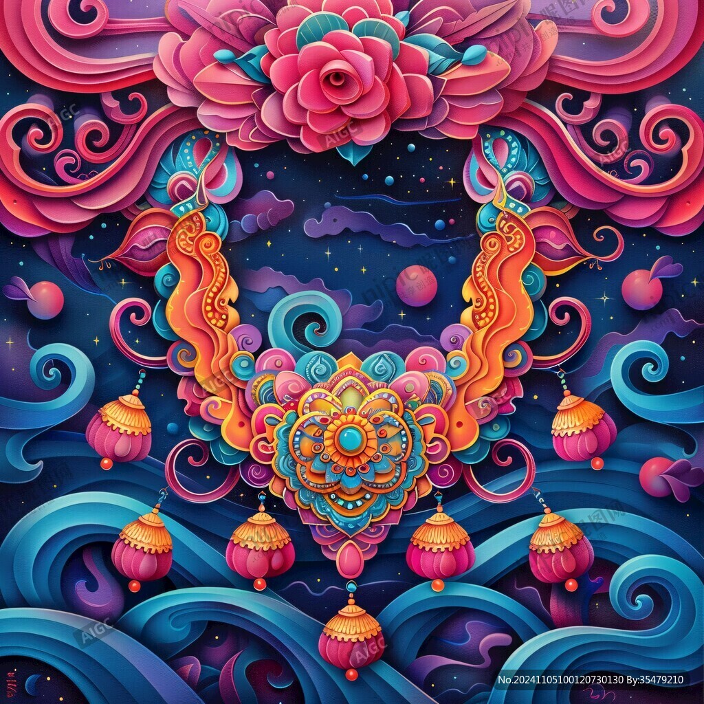 海水纹国潮插画