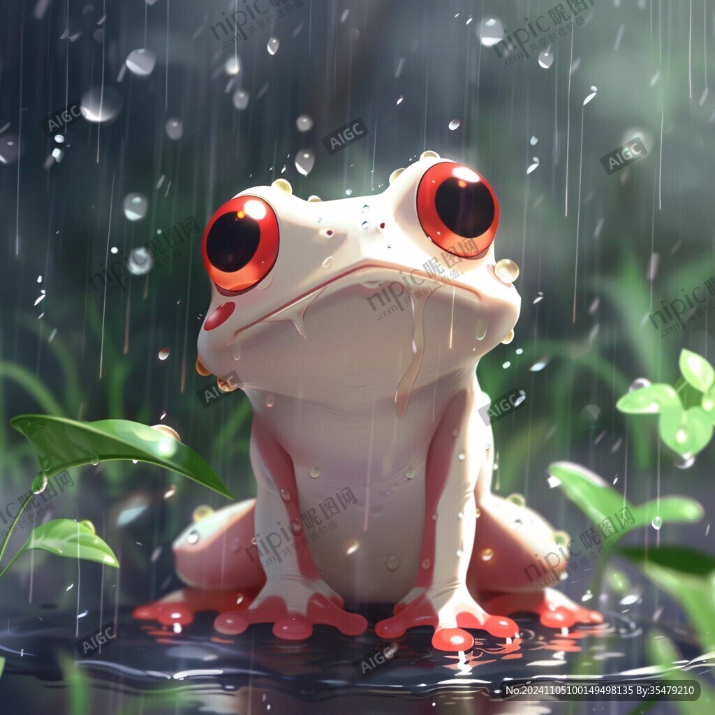 手绘下雨天躲雨的青蛙