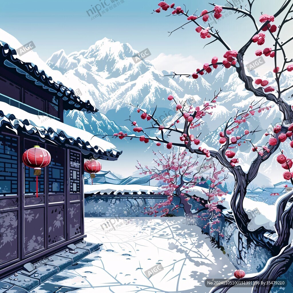 古代庭院雪景