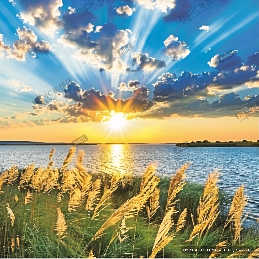 金色阳光撒满湖面