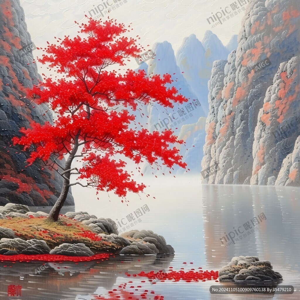 红叶古风山水画