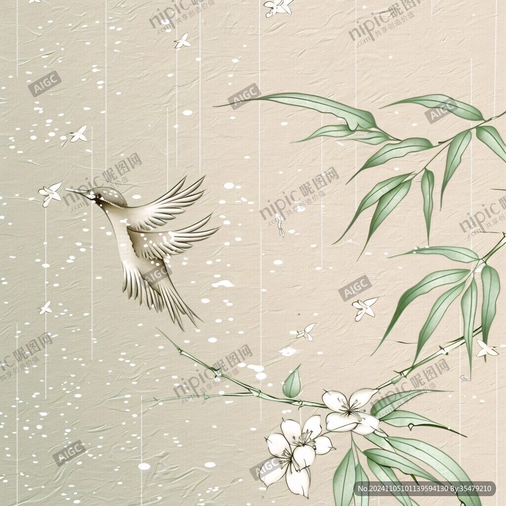 中式竹叶花鸟背景墙