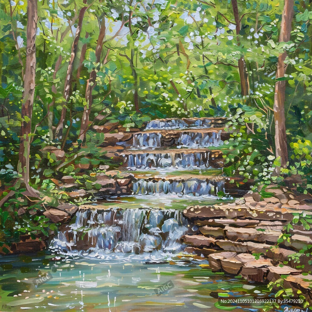 森林小溪油画