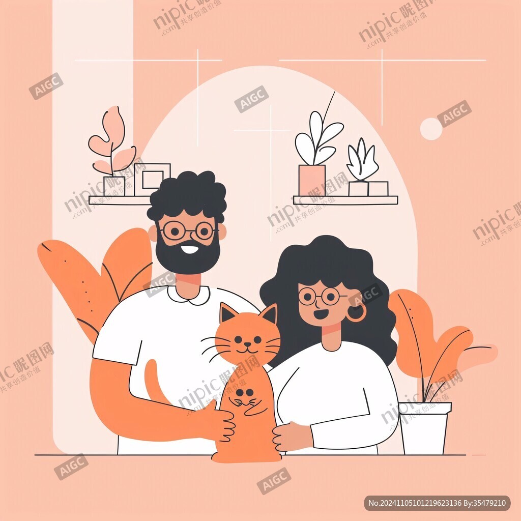 手绘情侣猫咪插画
