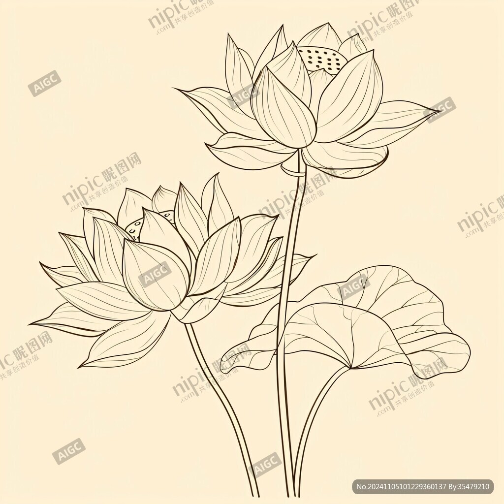 莲花线稿线描白描