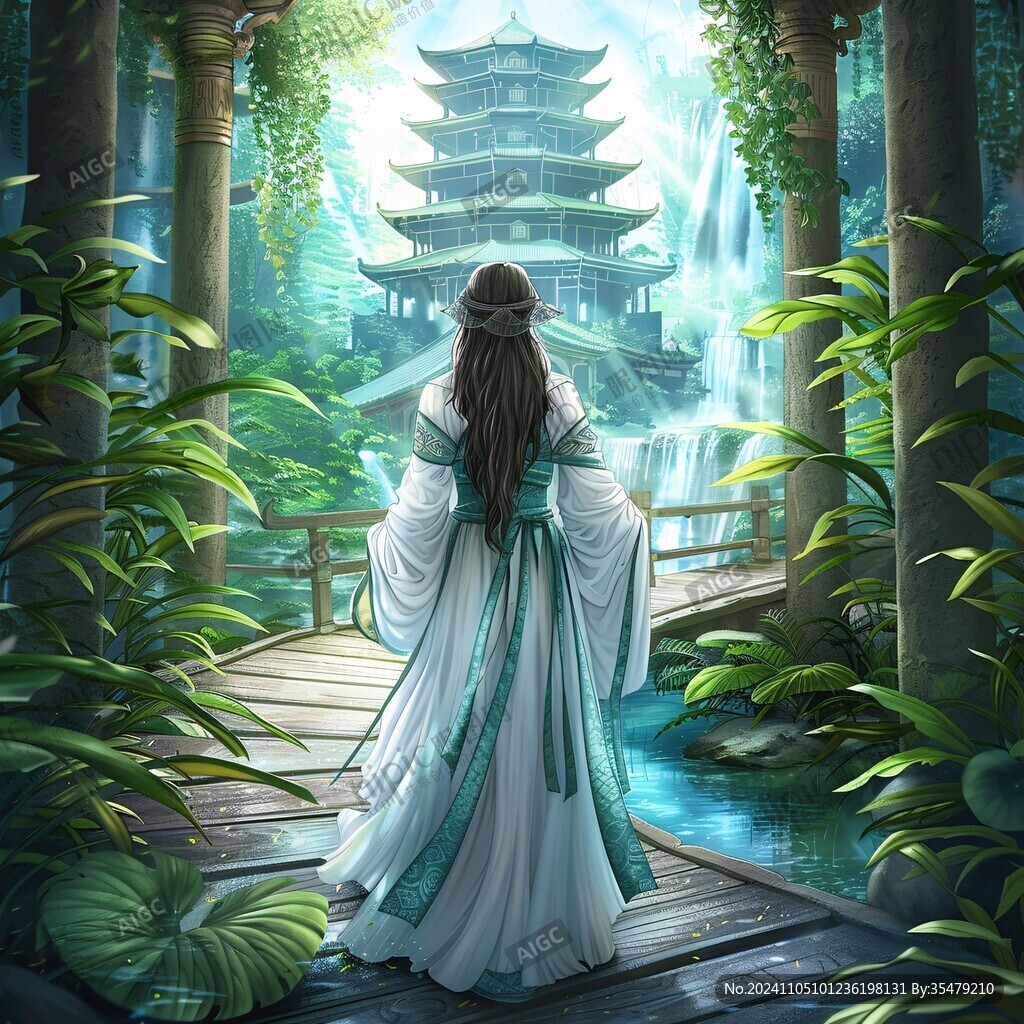 山水亭台楼阁女子插画
