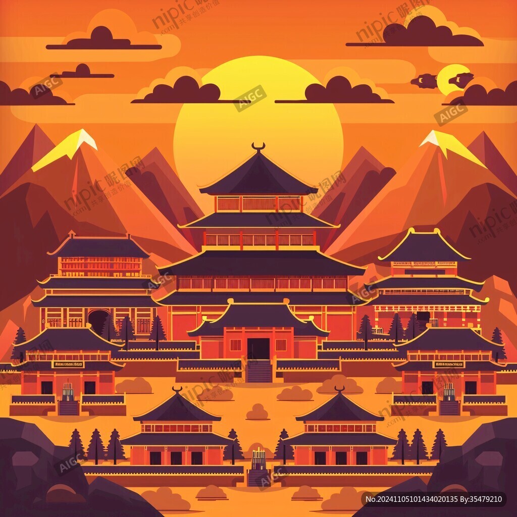 横店地标建筑山水画
