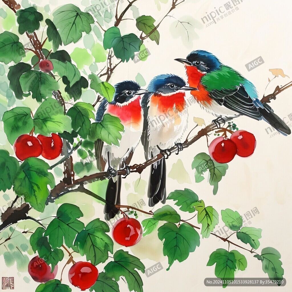 国画红果小鸟