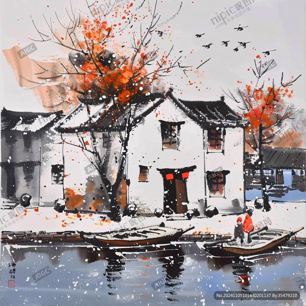 古镇冬季装饰画