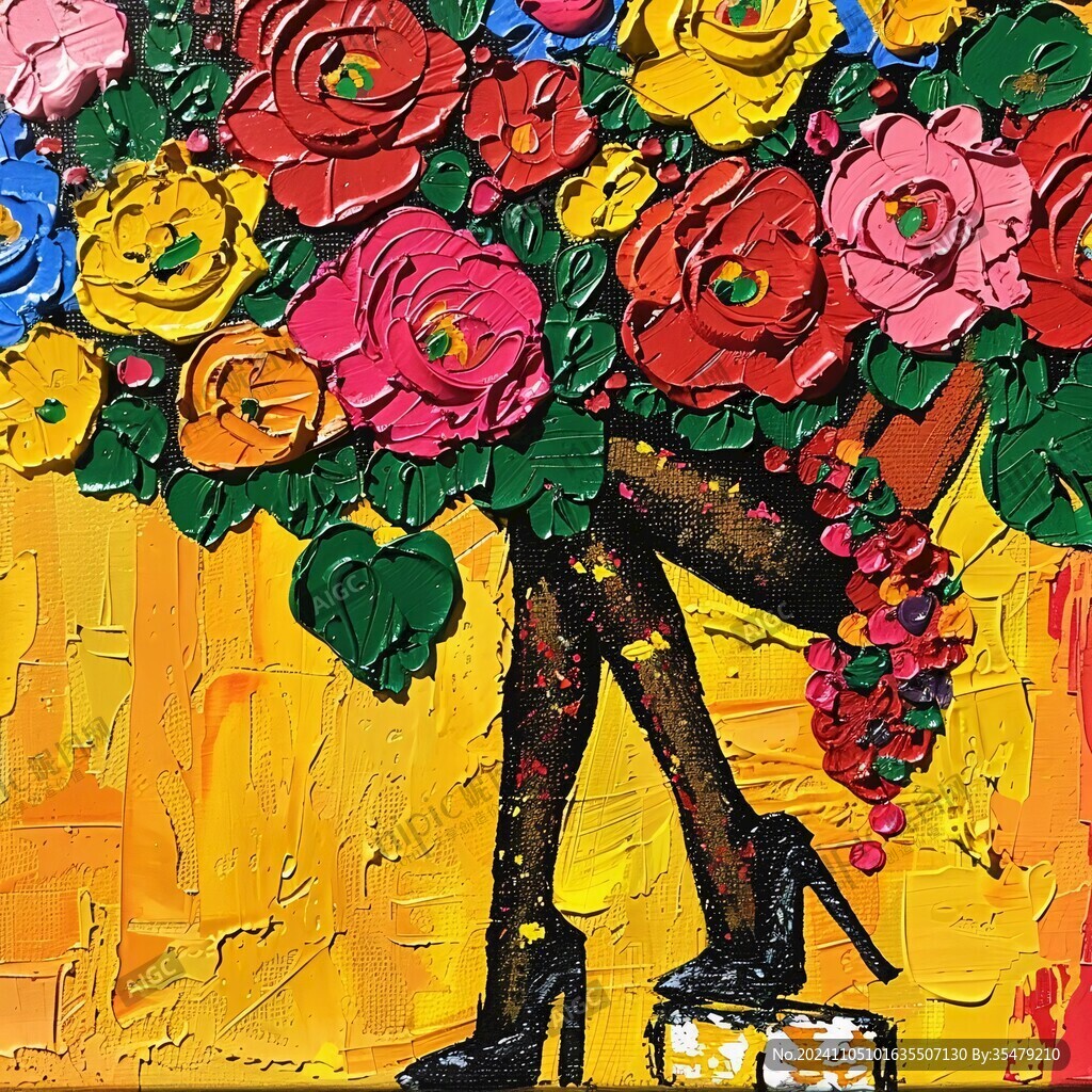 彩绘女人植物抽象画
