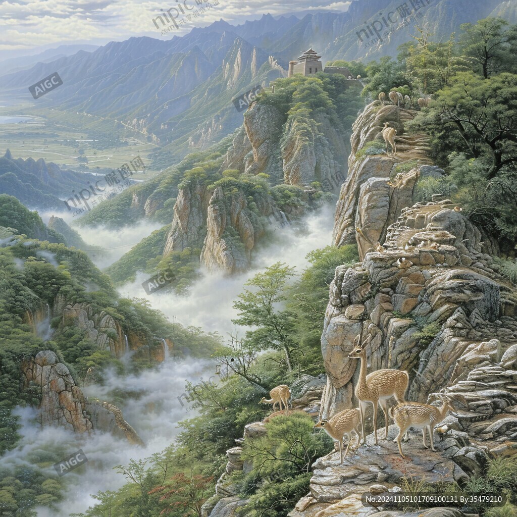 山峰山水画油画梅花鹿