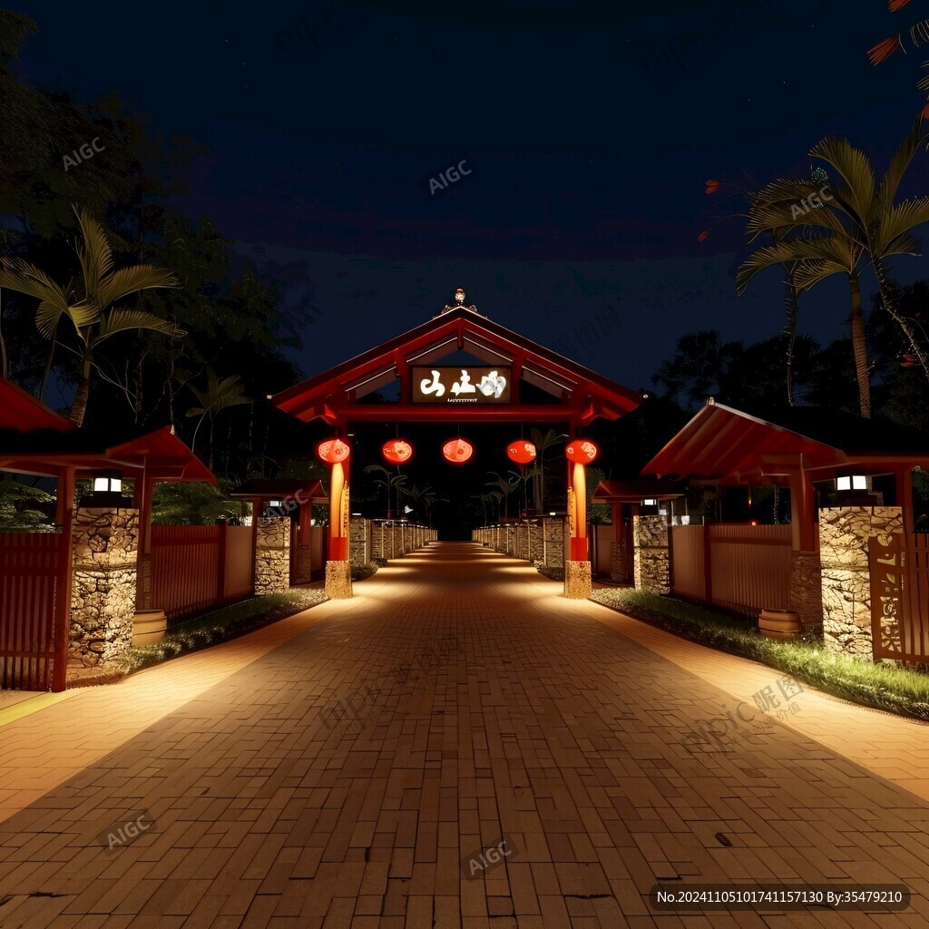 中式大门夜景