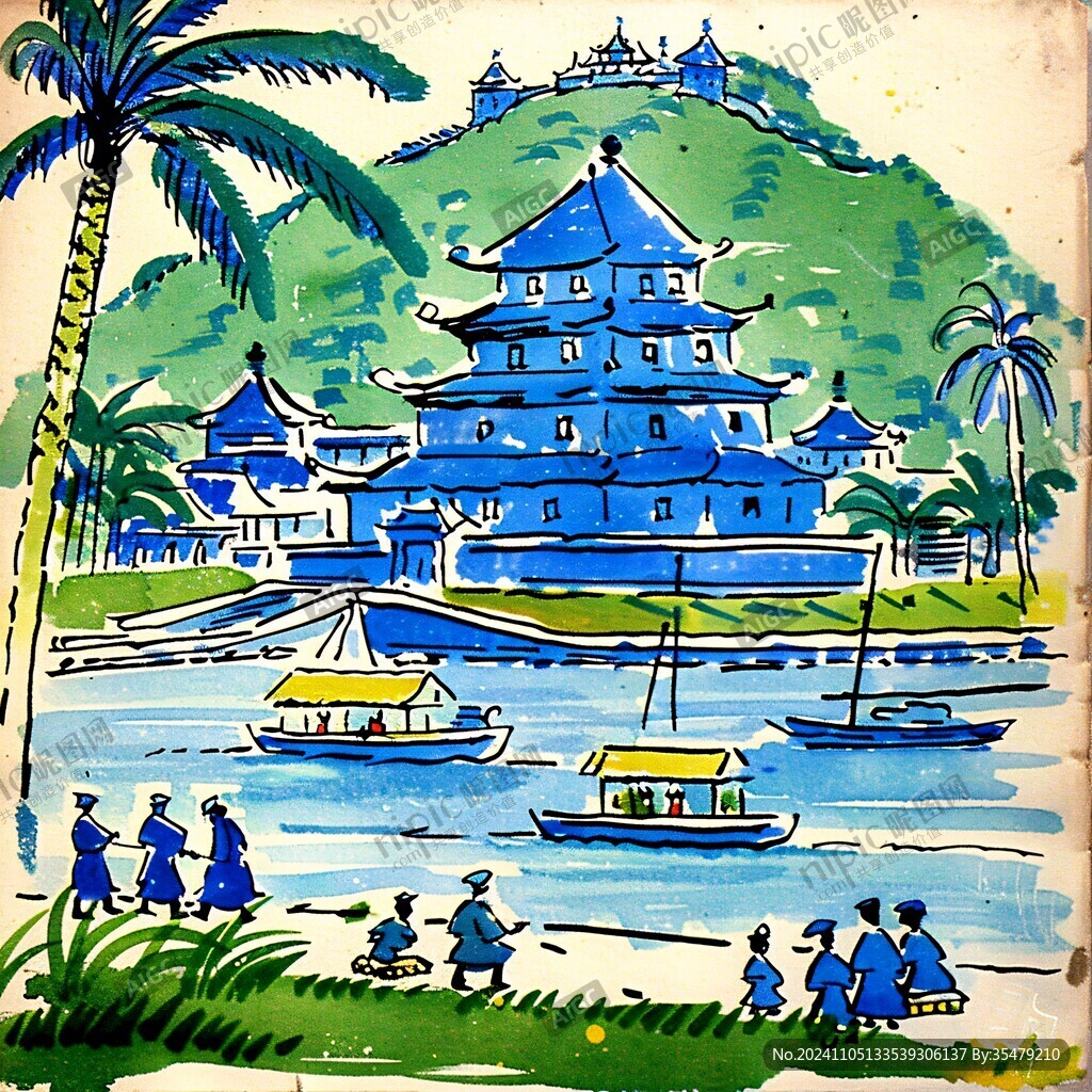 横琴手绘插画