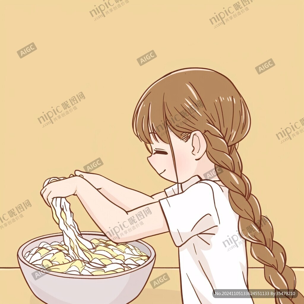 卡通小女孩吃粉条面条