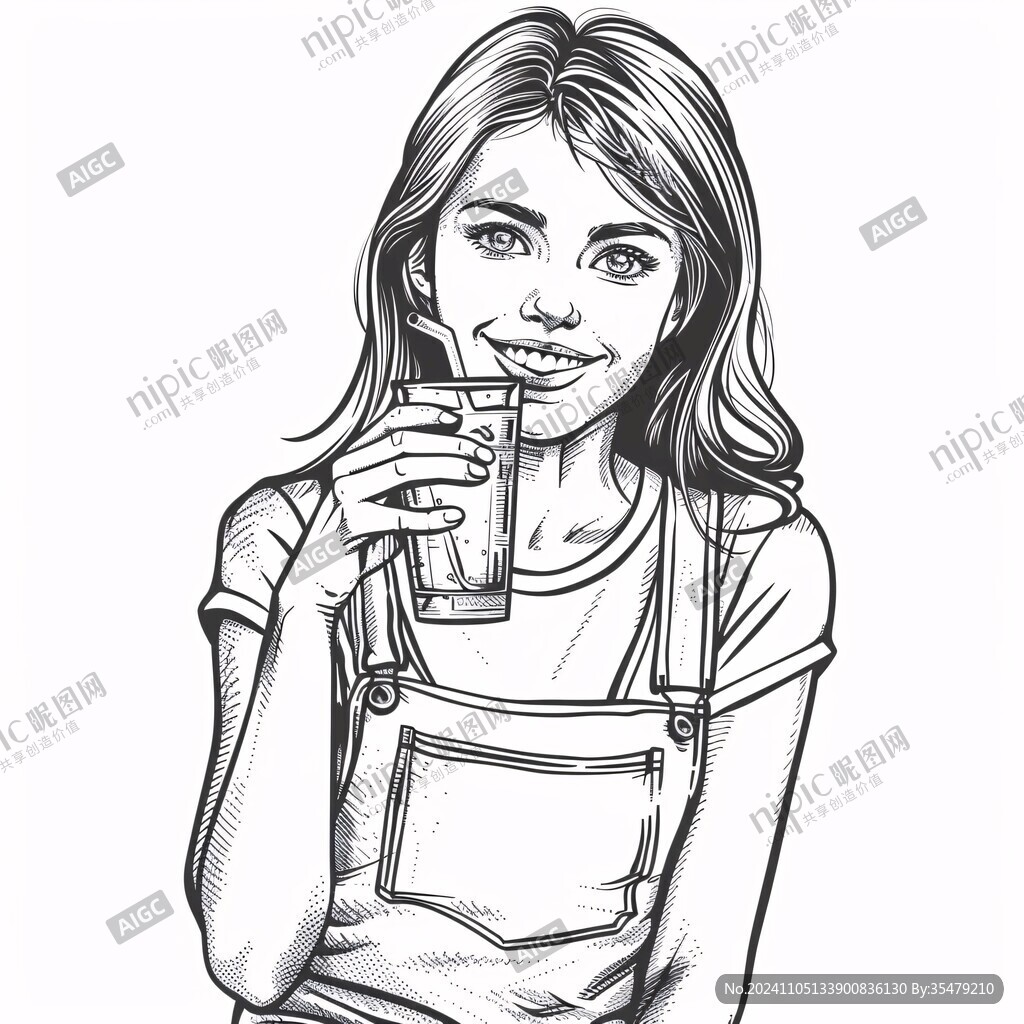手绘喝饮料美女