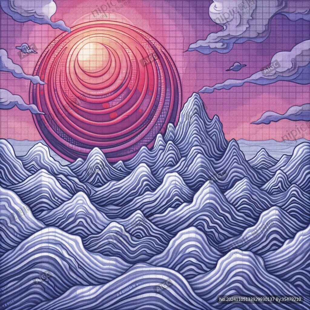 手绘海浪旭日东升