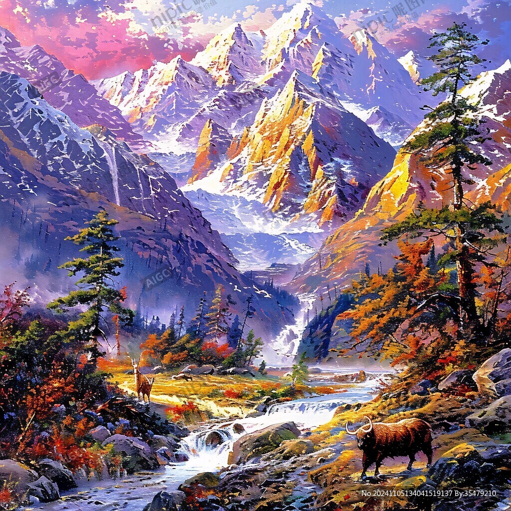 风雪流水山脉油画